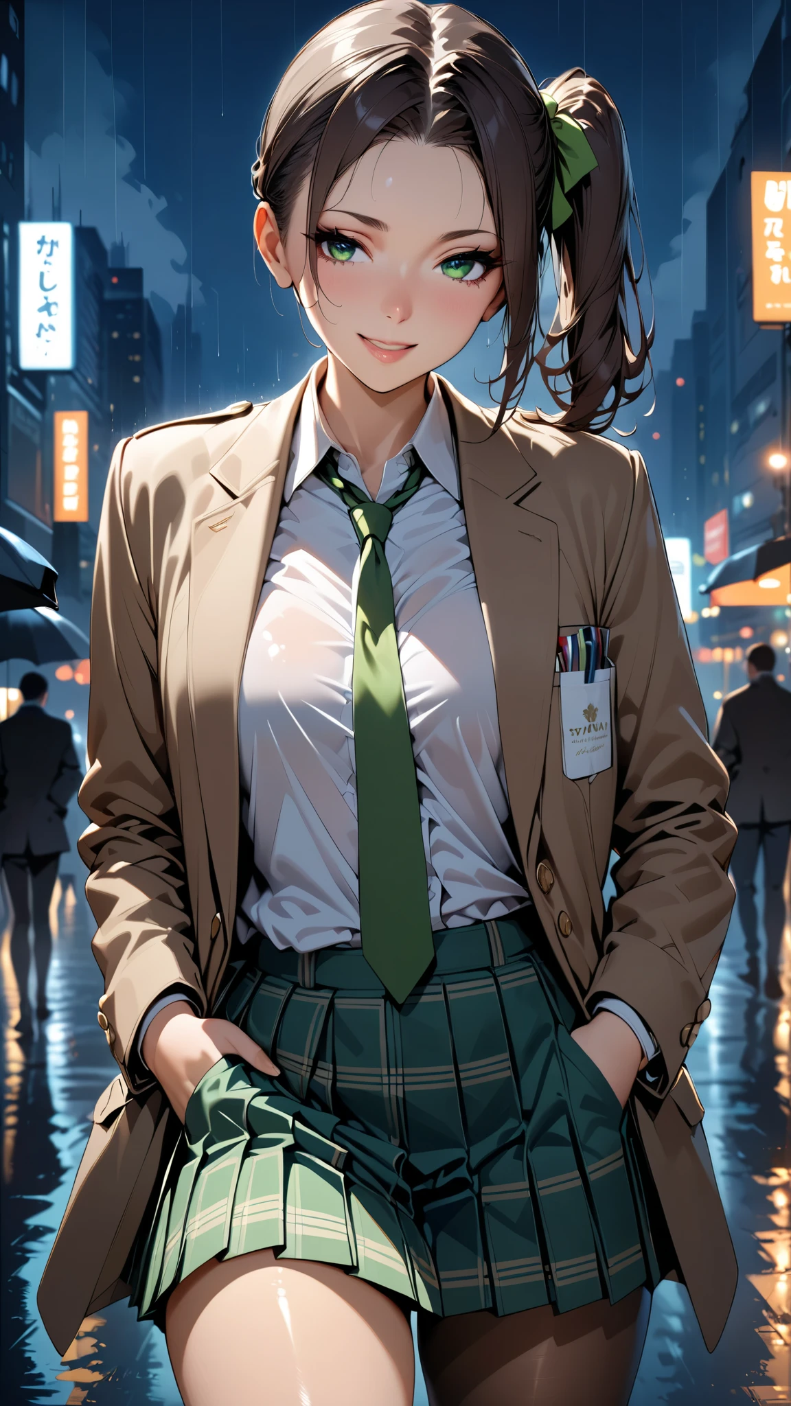 masterpiece, best quality, very aesthetic, semi-realistic anime, Sharp Focus, high contrast, 1girl, detailed green eyes, half opened mouth, smile, dark brown silky hair, (hair pulled back), side ponytail, contrapposto, Captivating thighs, uniform, brown blazers, (hads in pocket, unbutton), Green tie, Plaid Pleated Skirt, black tights, rainy city, at night