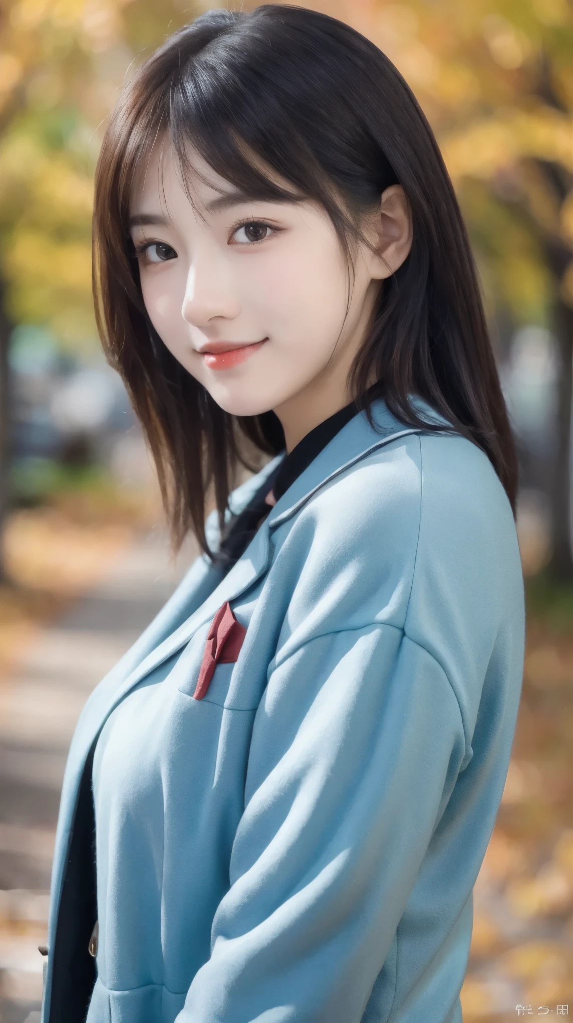 (8k, RAW Photo, Best Quality, Masterpiece:1.2), table top, Ultra Detail, Super Resolution, (Realistic, Realistic Photo:1.37), Portrait, High Detail RAW Color Photo, Professional Photo, Extremely Detailed and Beautiful, Extremely detailed, 8k wallpaper, amazing and detailed, huge file size, official art, highly detailed CG unity 8k wallpaper, highly detailed beautiful girl, highly detailed face, highly detailed eyes, highly detailed skin, highly detailed fingers, highly detailed nose, very detailed detailed mouth , perfect anatomy, highly detailed background, highly detailed clothes, (1 girl in), cute girl, realistic body, fair skin, glowing skin , slim body, handsome body, black hair , semilong hair, (blunt bangs:1.2), smile, cute, youthful, cute face, realistic face, delicate eyes, drooping eyes, looking at viewer, facing front, standing posture, Contraposto, (large breasts), (Perfect Body Proportions), (slender Body Proportions), super sexy pose, (late autumn outfit), Detailed and actual skin texture, (The precincts of autumn leaves),