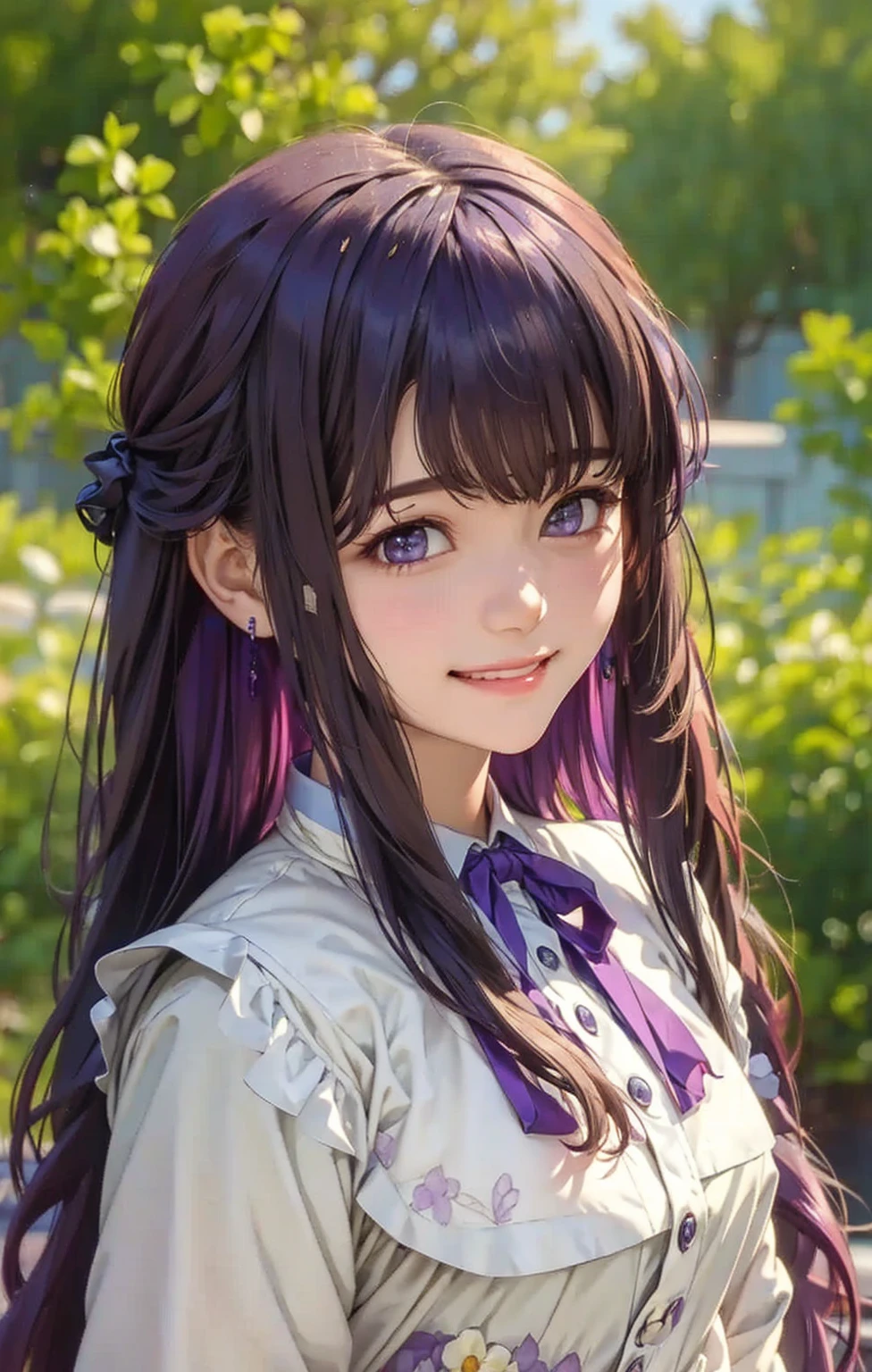  realistic , Otherwise, masterpiece,  High Quality ,  ultra detail、smile、Purple Hair、Even bangs