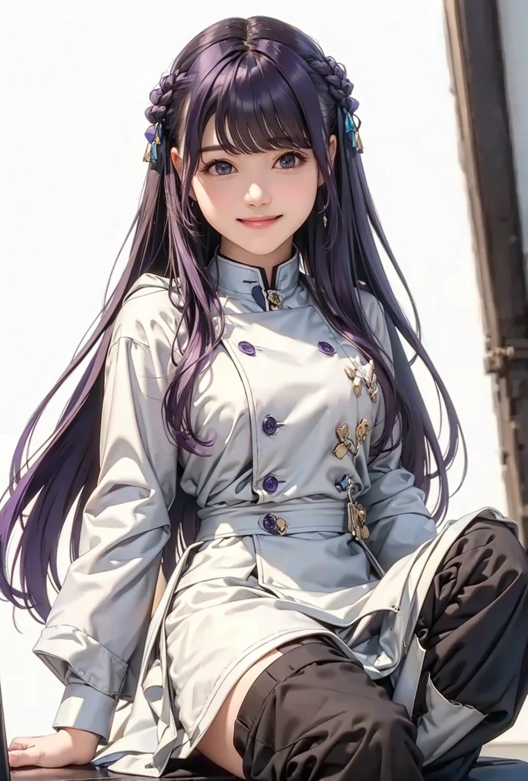  realistic , Otherwise, masterpiece,  High Quality ,  ultra detail、smile、 purple hair、Even bangs