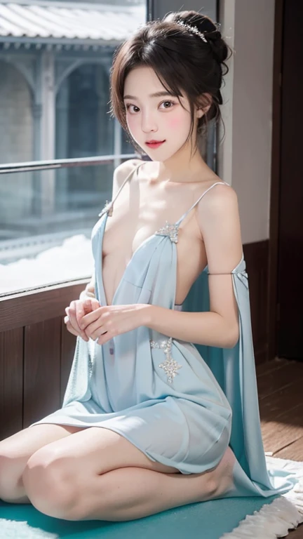 A beautiful Thailand woman wearing a long gown in icy blue and white hues that resemble a winter wonderland. The string dress is embellished with shimmering snowflake decorations, giving it a magical quality. Draped over her shoulders is a flowing, frosty cape that billows elegantly, enhancing her ethereal presence. She is posing on a pool table. She is on her hands and knees, with her back slightly arched, and she playfully purses her lips in a kissy face while winking.