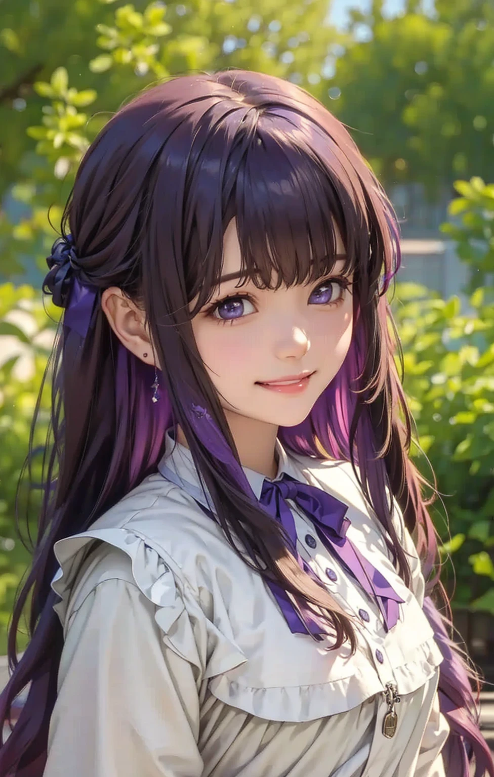  realistic , Otherwise, masterpiece,  High Quality ,  ultra detail、smile、Purple Hair、Even bangs