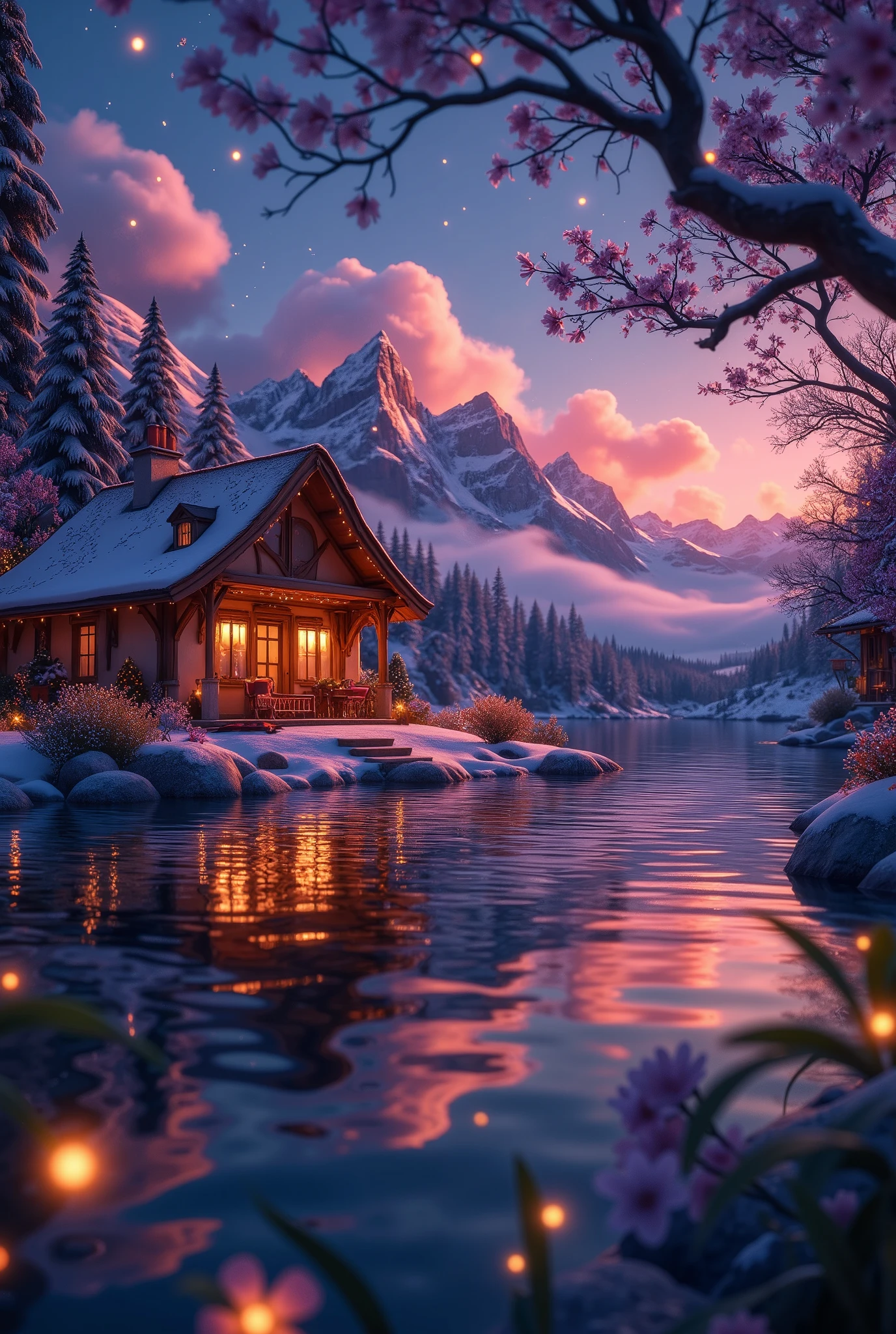 ((((masterpiece, Best Quality, High resolution)))), extremely detailed 8K, The sky sparkles, night, Little Fireflies little fly fly, Beautiful views, (Tranquil Lake:1.5), (Lake Geneva:1.3), The sky turns red with the sunrise,The mountain surface turns red in the morning glow,, night, A thick morning mist hangs over the lake, Lakeside village, cute pastel-colored houses, houses reflected in the calm surface of the lake, christmas decorations