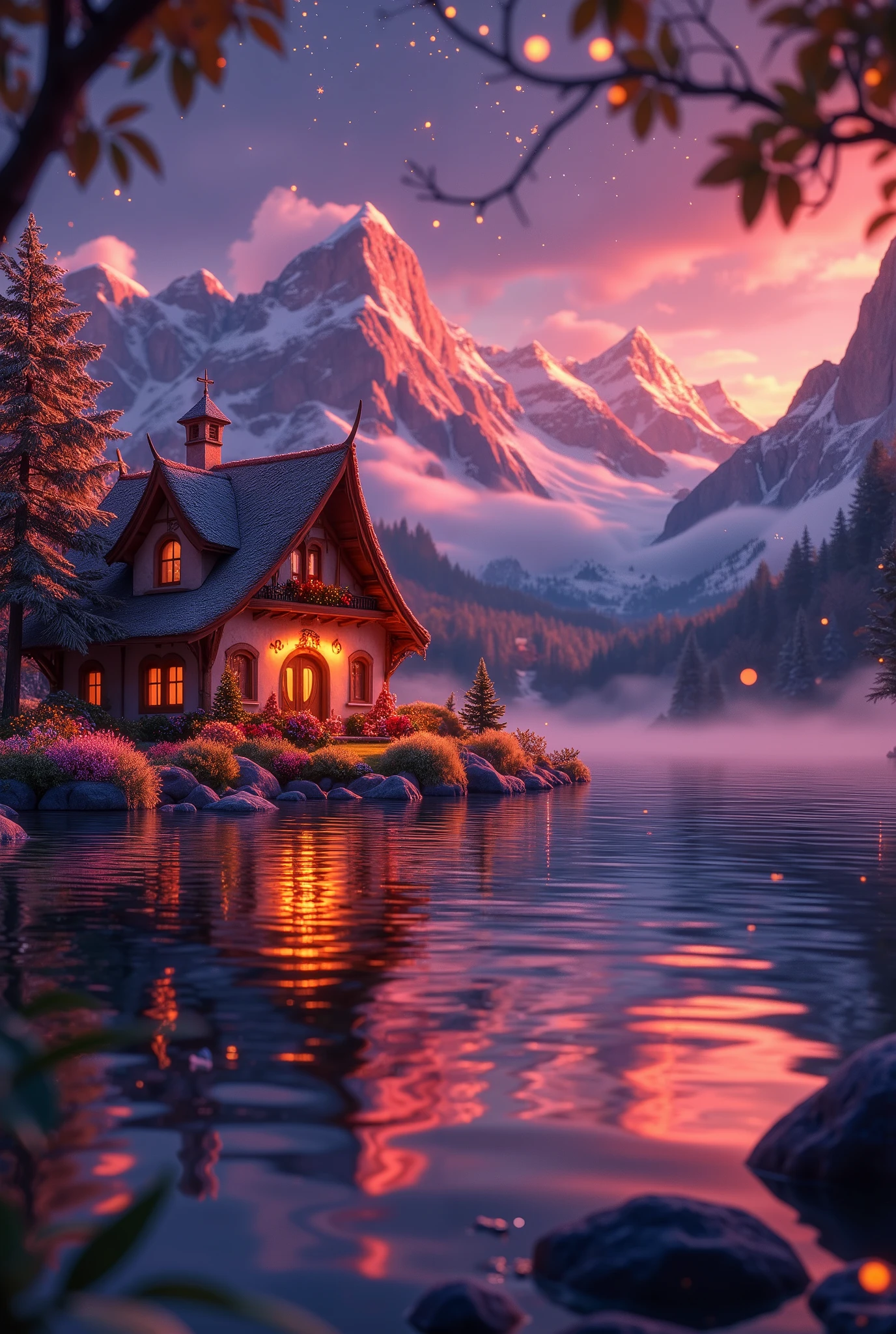 ((((masterpiece, Best Quality, High resolution)))), extremely detailed 8K, The sky sparkles, night, Little Fireflies little fly fly, Beautiful views, (Tranquil Lake:1.5), (Lake Geneva:1.3), The sky turns red with the sunrise,The mountain surface turns red in the morning glow,, night, A thick morning mist hangs over the lake, Lakeside village, cute pastel-colored houses, houses reflected in the calm surface of the lake, christmas decorations