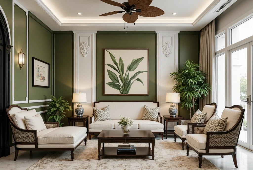 This image is a photorealistic 3D rendering of a sophisticated interior, likely a lounge or waiting area, designed with a blend of Indochine (French Colonial in Southeast Asia) and Art Deco influences. The space is characterized by elegant furniture, rich colors, and intricate details.  Here's a breakdown:

* **Indochine Influence:** The tropical ceiling fan, the use of dark wood furniture, the botanical artwork, and the overall ambiance evoke the Indochine style, popular during the French colonial period in Southeast Asia. This style often blends local materials and craftsmanship with European design principles.

* **Art Deco Touches:** The geometric patterns in the wall paneling, the streamlined furniture shapes, and the symmetrical layout hint at Art Deco influences.  The bold contrast between the light and dark elements also aligns with Art Deco aesthetics.

* **Color Palette:**  The room features a rich color palette with olive green walls, white and black trim, and cream-colored upholstery.  This creates a sense of sophistication and warmth.

* **Wall Paneling and Molding:** Intricate wall paneling and molding, combining vertical stripes and geometric shapes, add depth and visual interest. The contrast between the white paneling and the olive green walls is a striking design feature.

* **Furniture:** The furniture pieces are elegant and well-chosen.  A  sofa with patterned cushions and bolsters is the centerpiece of the room.  A matching chaise lounge, armchairs, and side tables complete the seating area.  The dark wood and cream upholstery contribute to the overall luxurious feel.

* **Decorative Elements:**  A large botanical artwork, table lamps with patterned bases, a potted palm, and a small vase of flowers add decorative touches and enhance the room's ambiance. A small side table with a decorative object is also visible.

* **Ceiling and Flooring:** The white ceiling features decorative molding and recessed lighting, complementing the wall paneling.