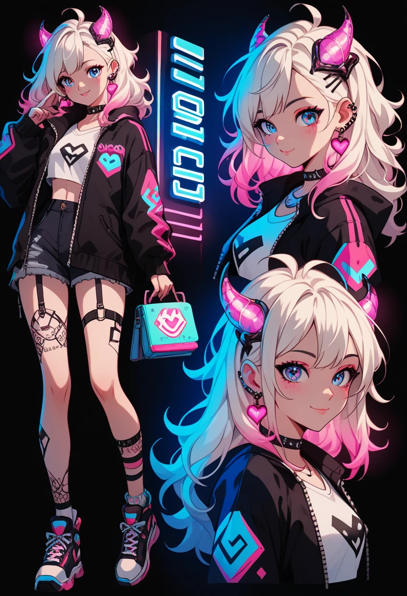 score_9, score_8_up, score_7_up, score_6_up, score_5_up, score_4_up,1girl, multiple views, cute anime, white background, girl character, neon lights, neon colors, black dark background, black clothing with vibrant neon glowing details, character design, character, oc, harajuku, monster alien, colors, 