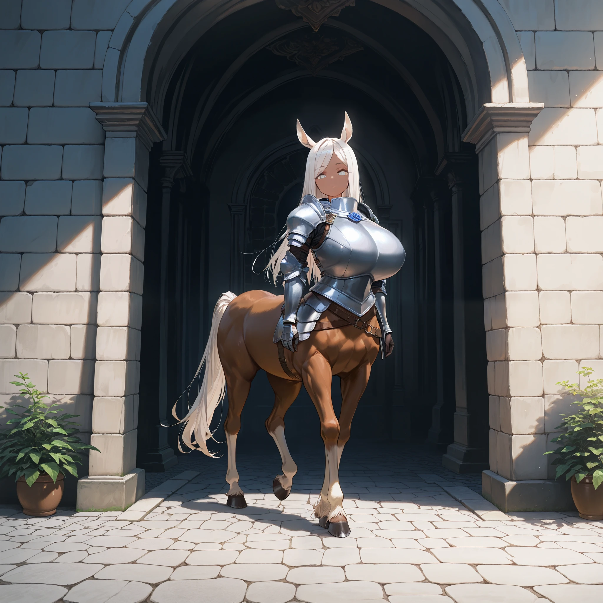 1girl, solo, huge breasts, looking at viewer, armor, centaur, taur, white hair, long hair, dark skin, horse ears, straight hair, swept bangs, white eye, out doors, stone floor, monster girl, full body, wide shot, masterpiece, best quality, amazing quality, very aesthetic, absurdres, newest,