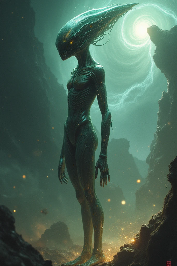 Human-looking alien standing full body, from above watching a city, cinematic lighting, (by (Daniel Mernagh) (Carne Griffiths) Monika Nowak), highly detailed, detailed, soft-bodied, alien face