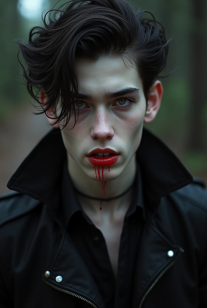 a handsome and charming young vampire with cold face with fangs and blood on his face clack and red dress fangs are looking and look like wild