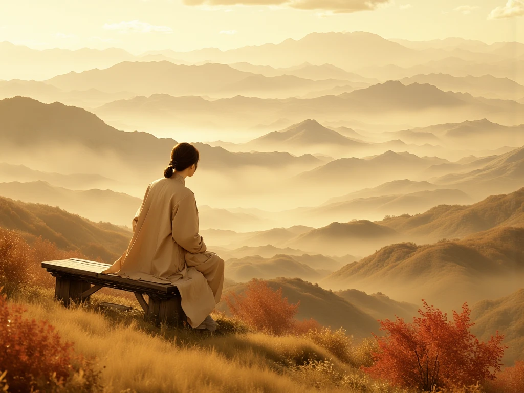 A serene and ethereal scene combining a hyper-realistic Chinese ink wash (shuimo) painting with a young Japanese woman. She is wearing a light brown coat and sitting gracefully on a rustic wooden bench, gazing at a tranquil rural landscape. The countryside is depicted in warm autumn tones with golden-hour lighting, showcasing rolling hills and trees in shades of red, orange, and yellow. The background features undulating mountain ranges, partially veiled in soft mists, created with fluid ink strokes. The sky is illuminated with soft, golden light and scattered cumulus clouds, adding depth and warmth to the scene. The composition blends traditional shuimo painting techniques with hyper-realistic detail, evoking calm, nostalgia, and timeless beauty