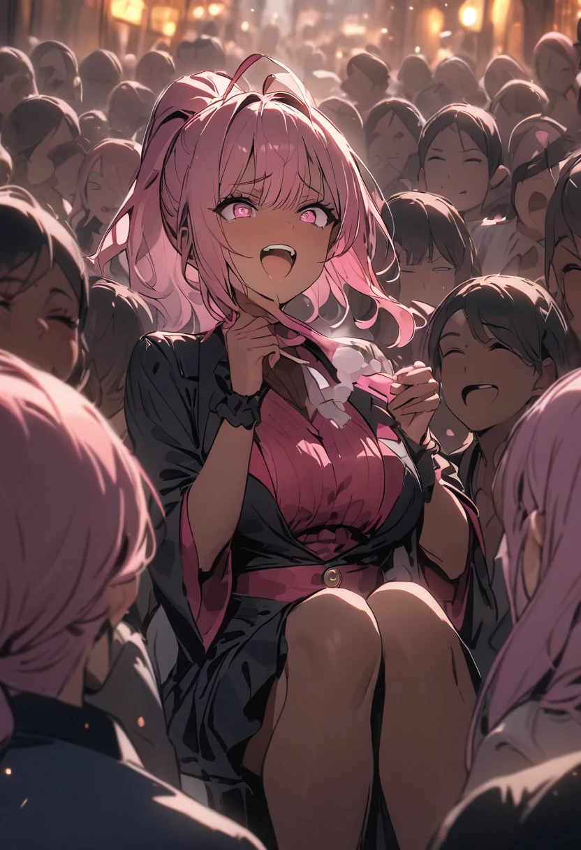 masterpiece, best quality, 8k, 1 woman, pink hair, ponytail, pink eyes, dark skin, wearing a magician's costume, laughing, doing magic, sparks around her, surrounded by an audience, the background is the street surrounded by people