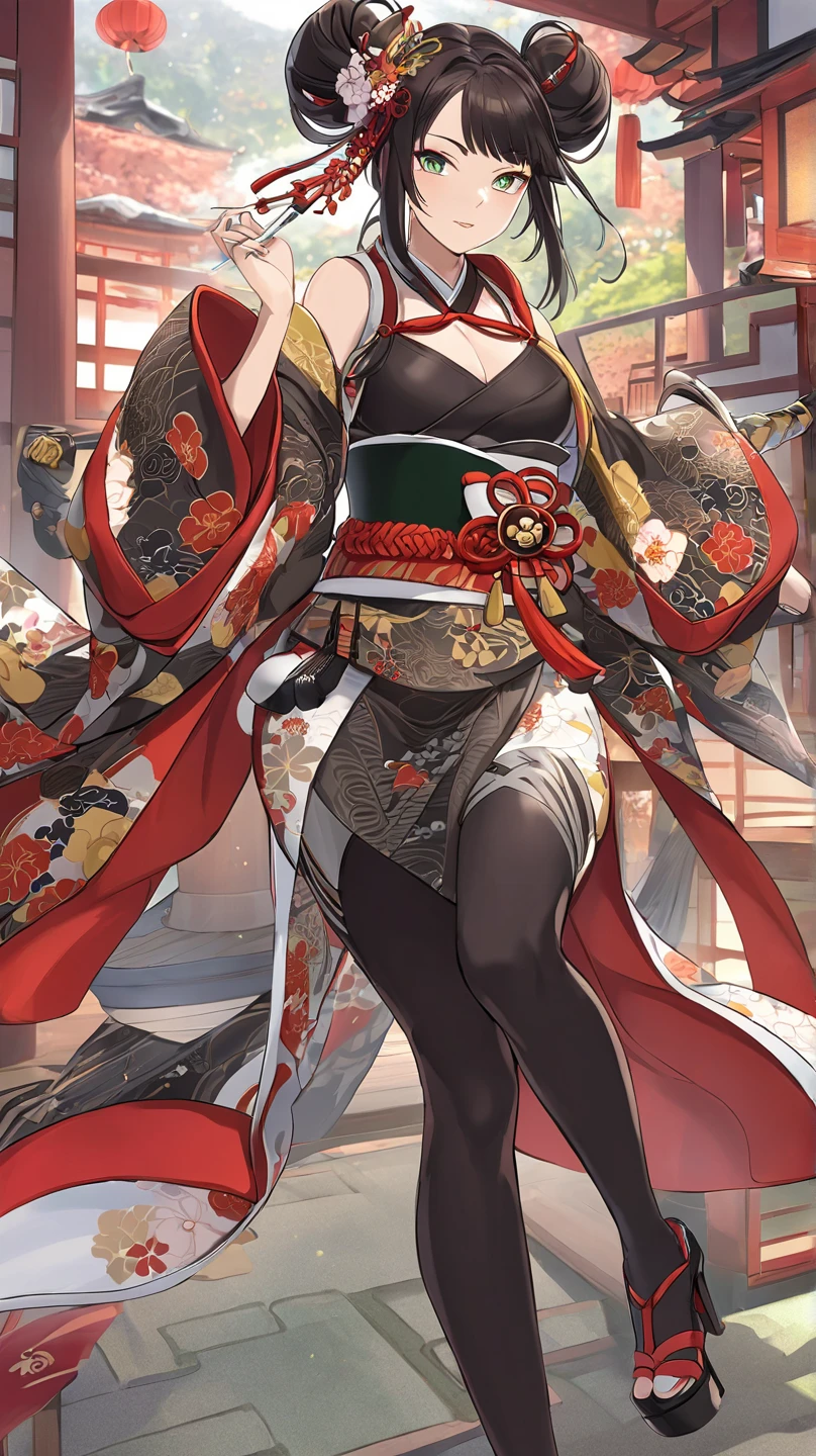 anime only ninja lady dule swordsman elegant, geisha, clothing, elegant Mihai leggings, ninja clothing brown skin color silver color, hair with green highlights and hair style breast size cup 30 dd Double Bun, color, coated, clothing, white, and green ninja high heels