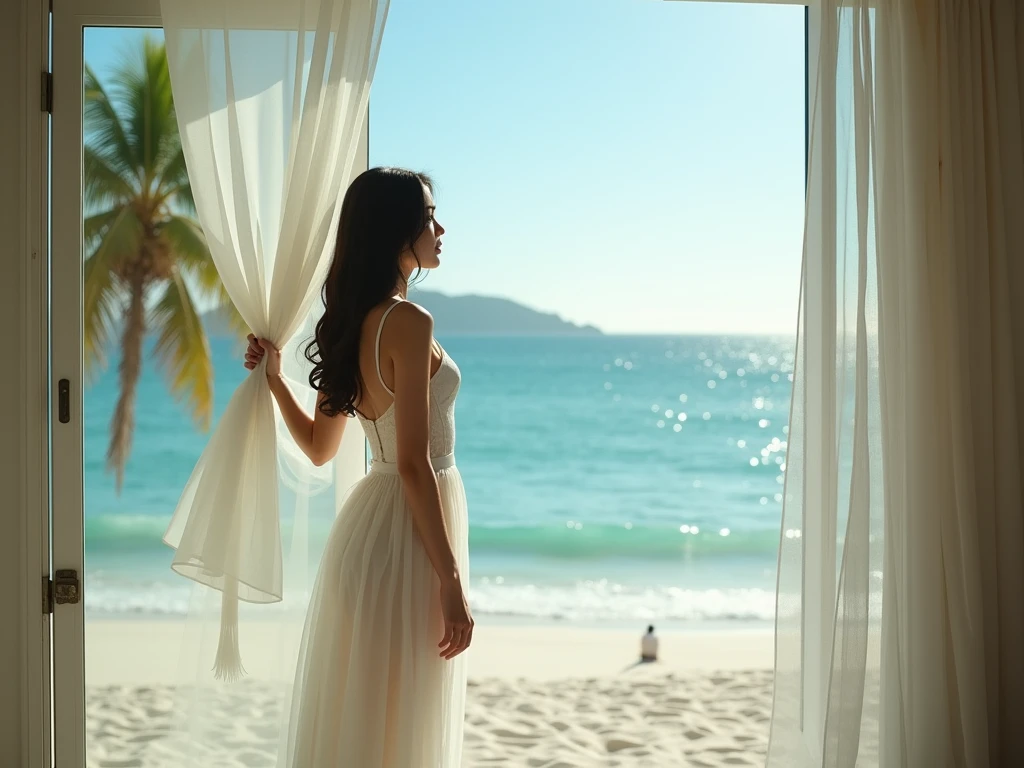 Woman, Brunetette, new, with your back to a half-open curtain with a view of the sea