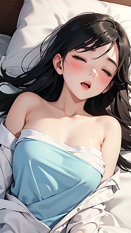 （Cute older sister:1.3）、((Very detailed))、night、Bedroom、On the bed、、Going to bed、Shining night sky、((1 person)),,naked、Long black hair、Large Breasts、naked