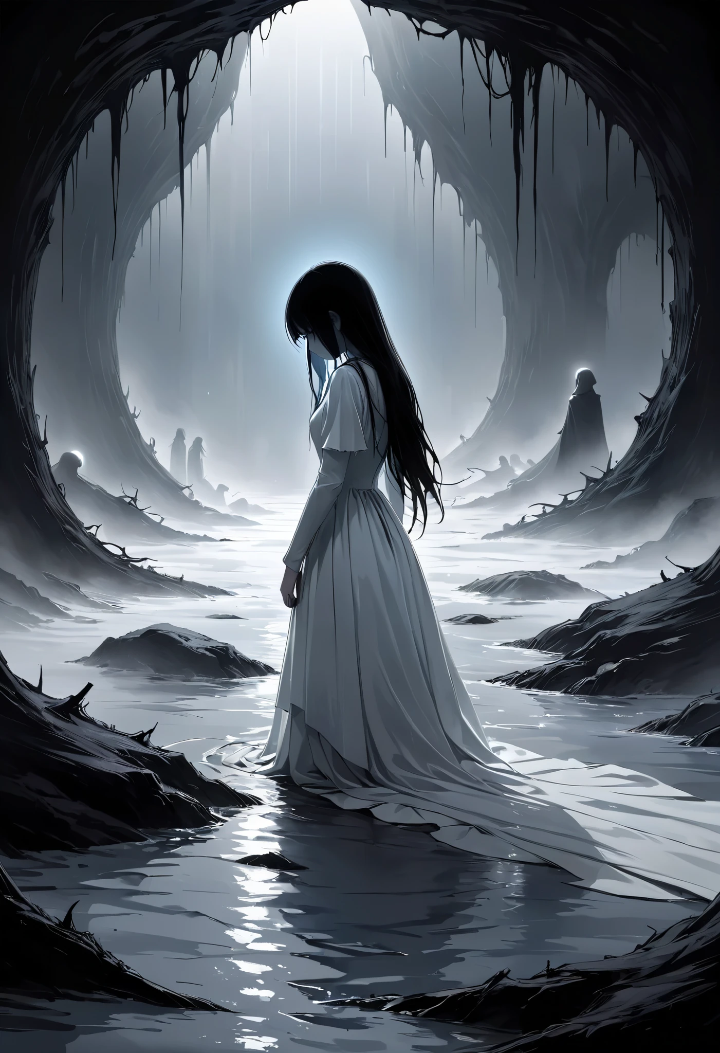 vast and desolate underworld, deep and cold river separating the living and the dead, faint mist rising from the dark waters, 1young maiden kneeling by the riverbank, tears falling endlessly into the current, flowing white dress, sorrowful and distant expression, shadowy figures on the opposite shore reaching out, pale blue ethereal light illuminating the scene, melancholic and haunting atmosphere, timeless and tragic tone, cinematic and emotional composition,