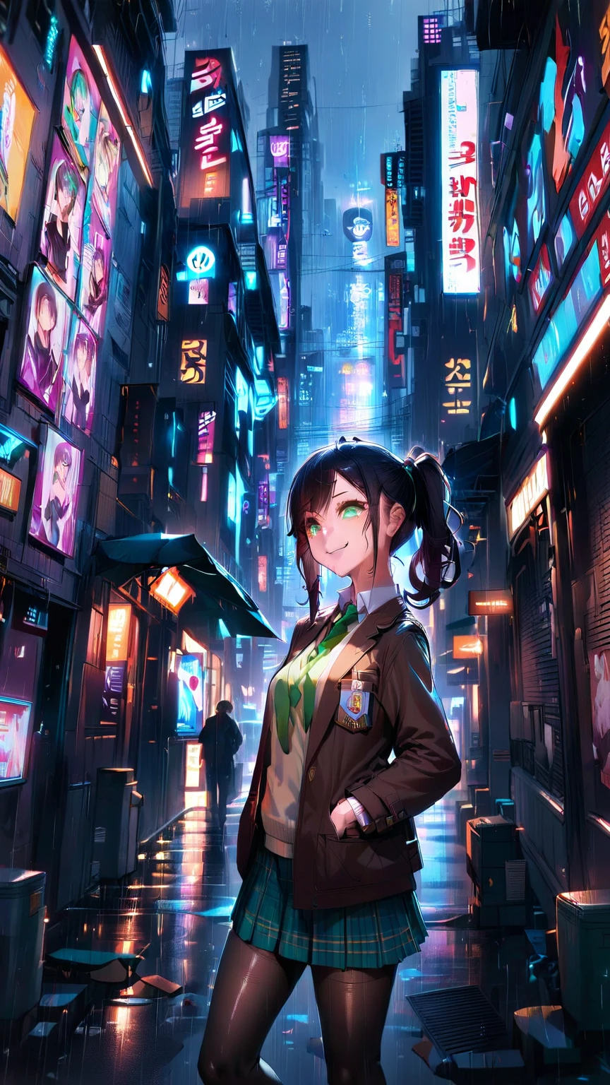 masterpiece, best quality, very aesthetic, semi-realistic anime, Sharp Focus, high contrast, 1girl, detailed green eyes, half opened mouth, smile, dark brown silky hair, (hair pulled back), side ponytail, contrapposto, Captivating thighs, uniform, brown blazers, (hads in pocket, unbutton), Green tie, Plaid Pleated Skirt, black tights, rainy cyber city, at night