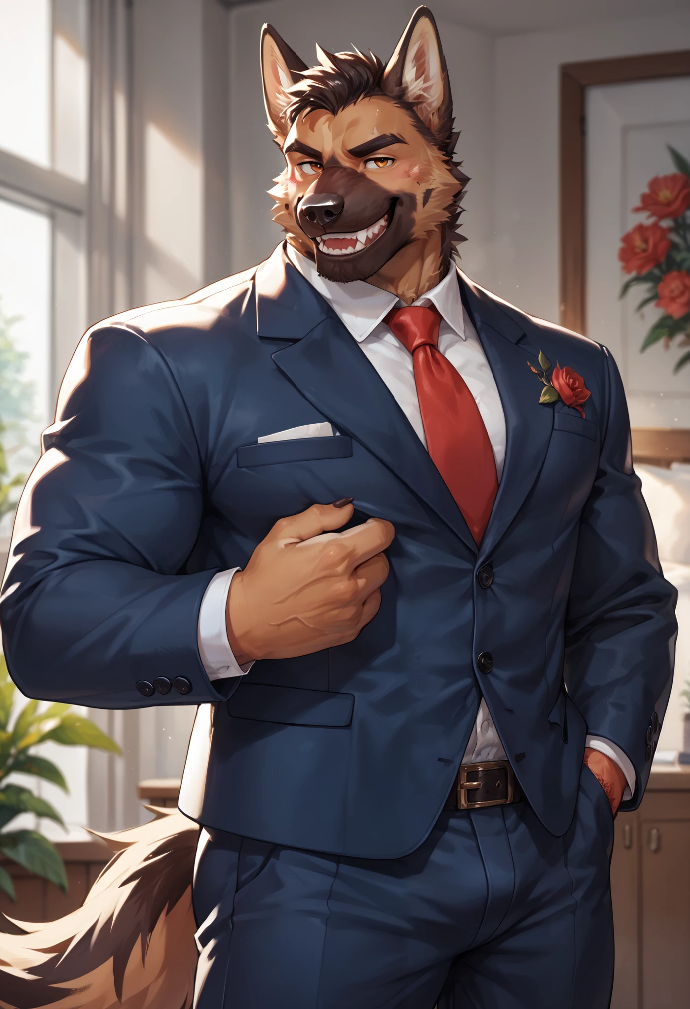 furry, furry male, male focus, tail, 1 boy (:2.1), German Shepherd, Hairy German Shepherd, man, muscular, suit, muscular adult male, smooth (:1.5), contemptuous gaze (:1.6), dangerous smile, some blood stained on clothes