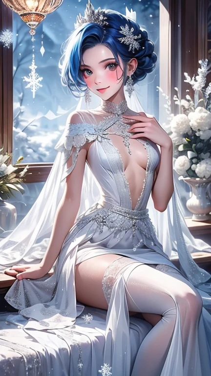 master piece,best image quality,Beautiful full body portrait of a noble elven girl,delicate silver hairstyle,Clear sky blue eyes,nude、Various carefully made jewelry gauze skirts,heel sandals,snow desert,moonlight super details,Advanced。At pixiv art station,destroy one's power,Luigi,Big breasts exposing cleavage,R-18G