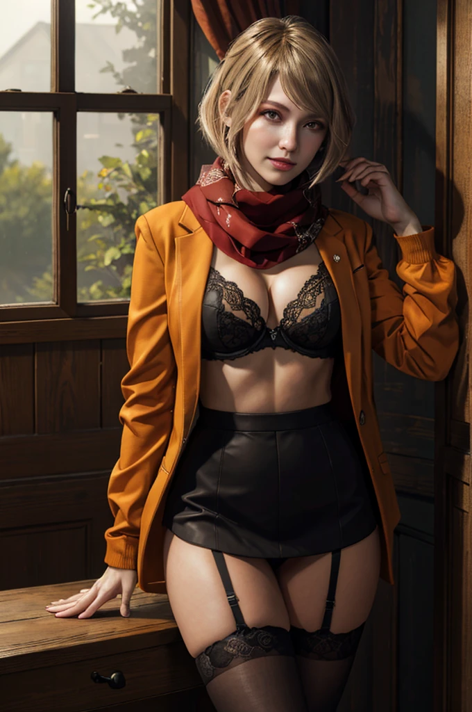 1 girl, คาวบอยยิงจาก re4ashley, Orange jacket , Scarf , Black skirt, , old house, dark interior , window, lightning, nighttime, thunder,  volumetric light ,  best quality,  masterpieces ,  intricate detail , tonemapping, Sharp focus,  High Detail ,  is trending in ArtStation ,   sexy lingerie and stockings , 