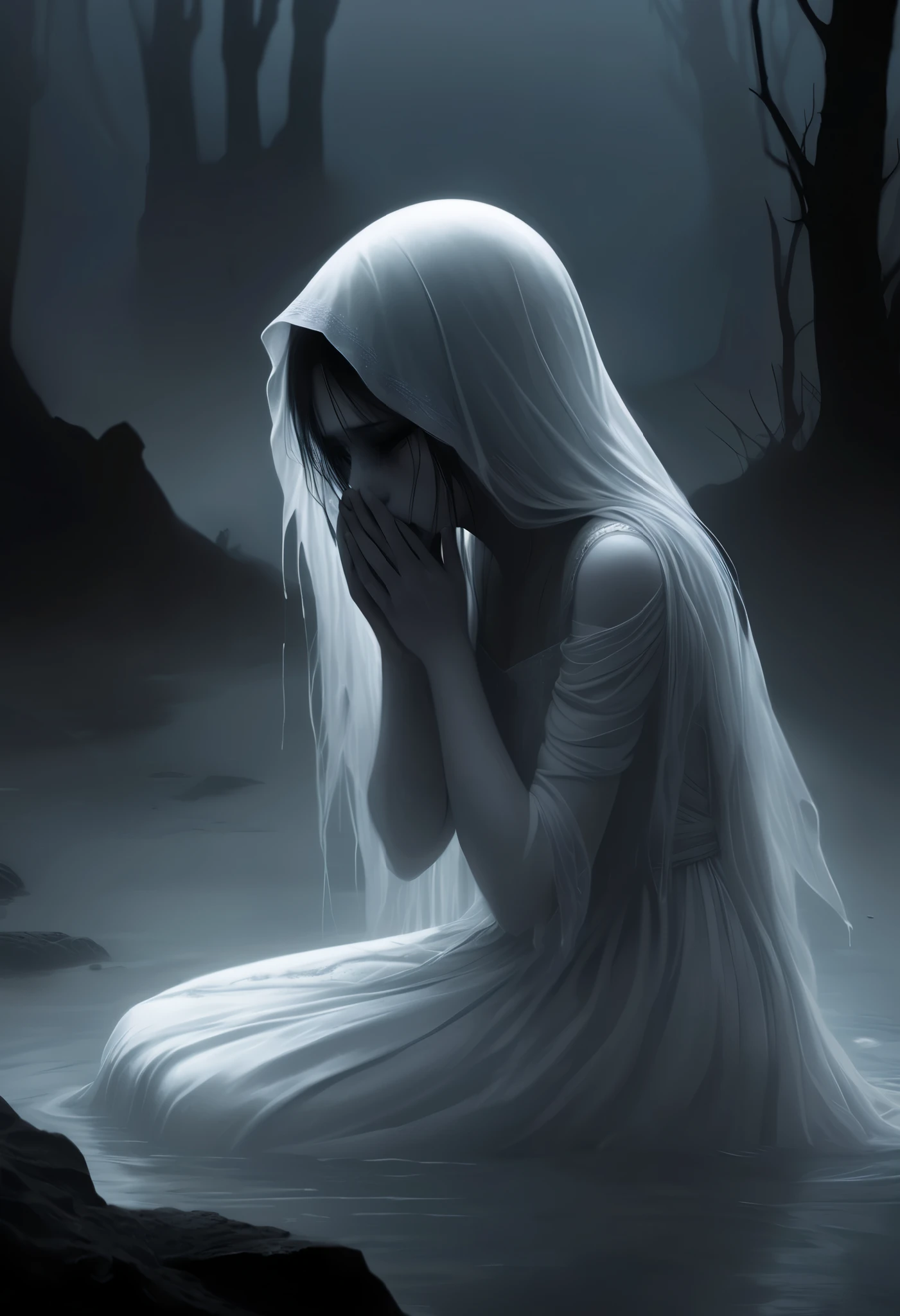 dark and cold underworld river, deep and still waters, faint mist rising, 1young maiden kneeling by the riverbank, tears streaming down her face, ethereal and sorrowful expression, flowing white dress, surrounded by pale blue light, distant shadowy figures on the other shore, cold and somber atmosphere, endless and haunting tone, mystical and tragic composition,
