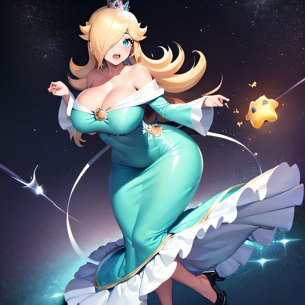 ((Rosalina)), (masterpiece:1.2, best quality), realistic, (real picture, intricate details, depth of field), ((solo:1.2)), parted lips, highly-detailed, gorgeous perfect face, (skindentation), thick thighs, (wide hips), average waist, tall, ((long blond hairs)), beautiful dark green eyes, (((long blue dress))), off shoulder, ((blue u-neck)), high heels, wearing silver crown, blushing, looking at viewer, confident smile, toned body, ((floating in space)), wide dress hiding figure, breast expansion, ((BEtaut:1.3)), huge breasts