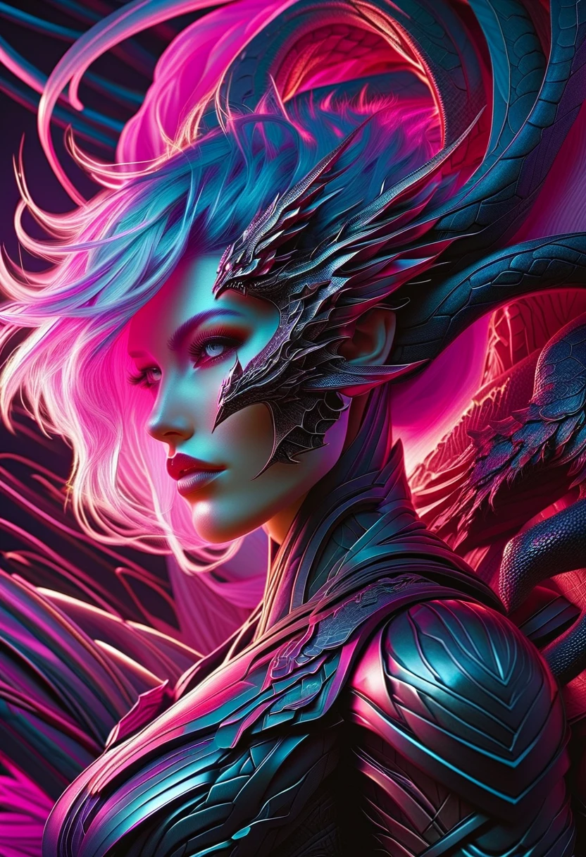 cybernetic dragon female, sitting on a pink couch, neon lights, scales, beautiful long hair, sub scattered flowers, full body shot, perfect face, golden proportions, hair ornament, long black dress, smooth skin, ultra detailed, unreal engine 5, trending on art station, 4k