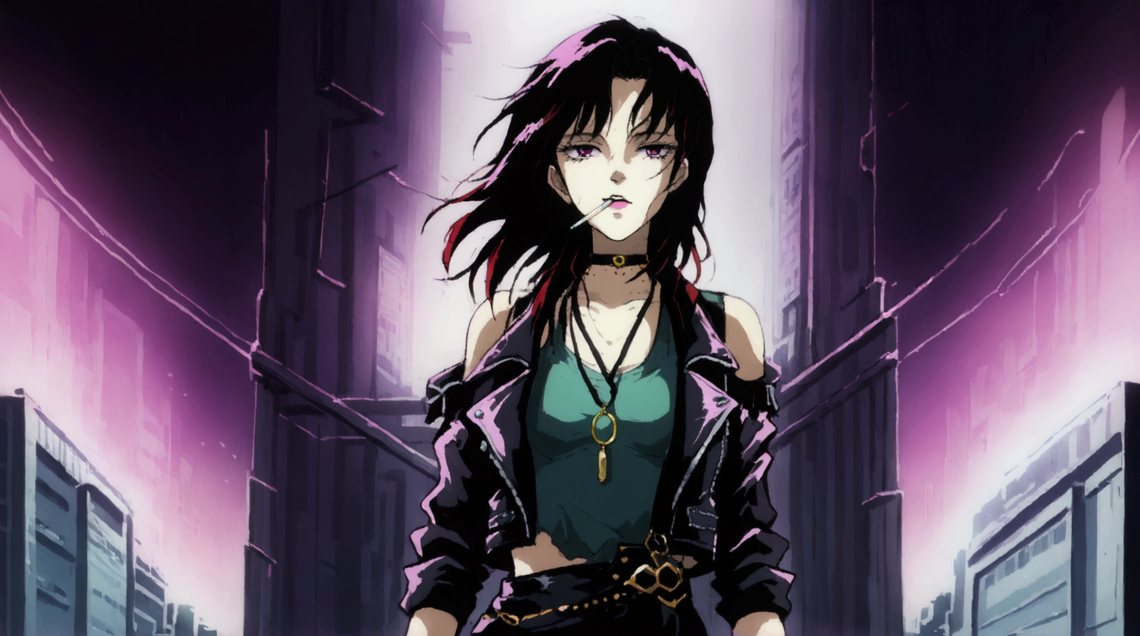 90's dark anime punk girl with aviators and long dark hair. A urban city in the background illuminates her. She wears a leather jacket over a green tank top and a choker necklace. She leans against a pillar with a cigarette in her mouth. There is an overall purple bluish tint to the scene and is zoomed out to show her and the city backdrop.