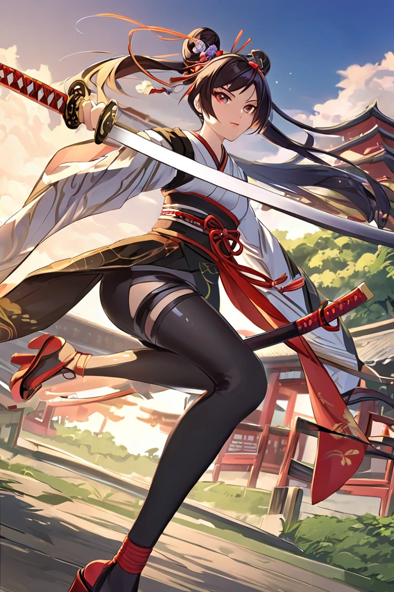 anime only ninja lady duel, katana, swordsman elegant, geisha, clothing, elegant Mihai leggings, ninja clothing brown skin color silver color, hair with green highlights and hair style breast size cup 30 dd Double Bun, color, coated, clothing, white, and green ninja high heels