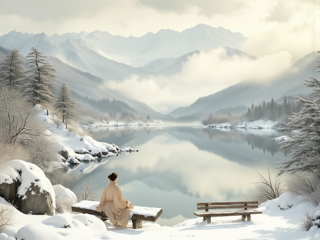 A serene and ethereal winter scene depicted in the style of a hyper-realistic Chinese ink wash (shuimo) painting. A young Japanese woman, dressed in a long, heavy winter coat and a scarf, sits gracefully on a rustic wooden bench near a tranquil, snow-covered lake. The lake is rendered with soft, fluid ink strokes, surrounded by snow-dusted rocky shores and frozen, crystal-clear waters. In the background, undulating mountain ranges are partially veiled in delicate mists, with their peaks blanketed in snow, crafted using expressive brushwork. The trees are adorned with frost and snow, their intricate forms created with precise gradients of ink. The diffused winter sunlight filters through the clouds, captured in soft washes and ink splatters, casting a gentle golden glow over the scene. The composition harmoniously blends traditional shuimo painting techniques with hyper-realistic details, evoking a timeless and dreamlike winter beauty.