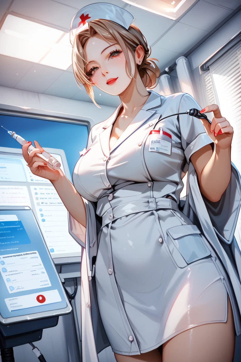 (RAW Photos,  best quality), Wide-angle photography, masterpiece,  1 girl,  natural light
Hospital, dentist's office (((white))) nurse uniform smooth, nurse, Sexy nurse in a robe made of thin fabric over black lace revealing underwear,