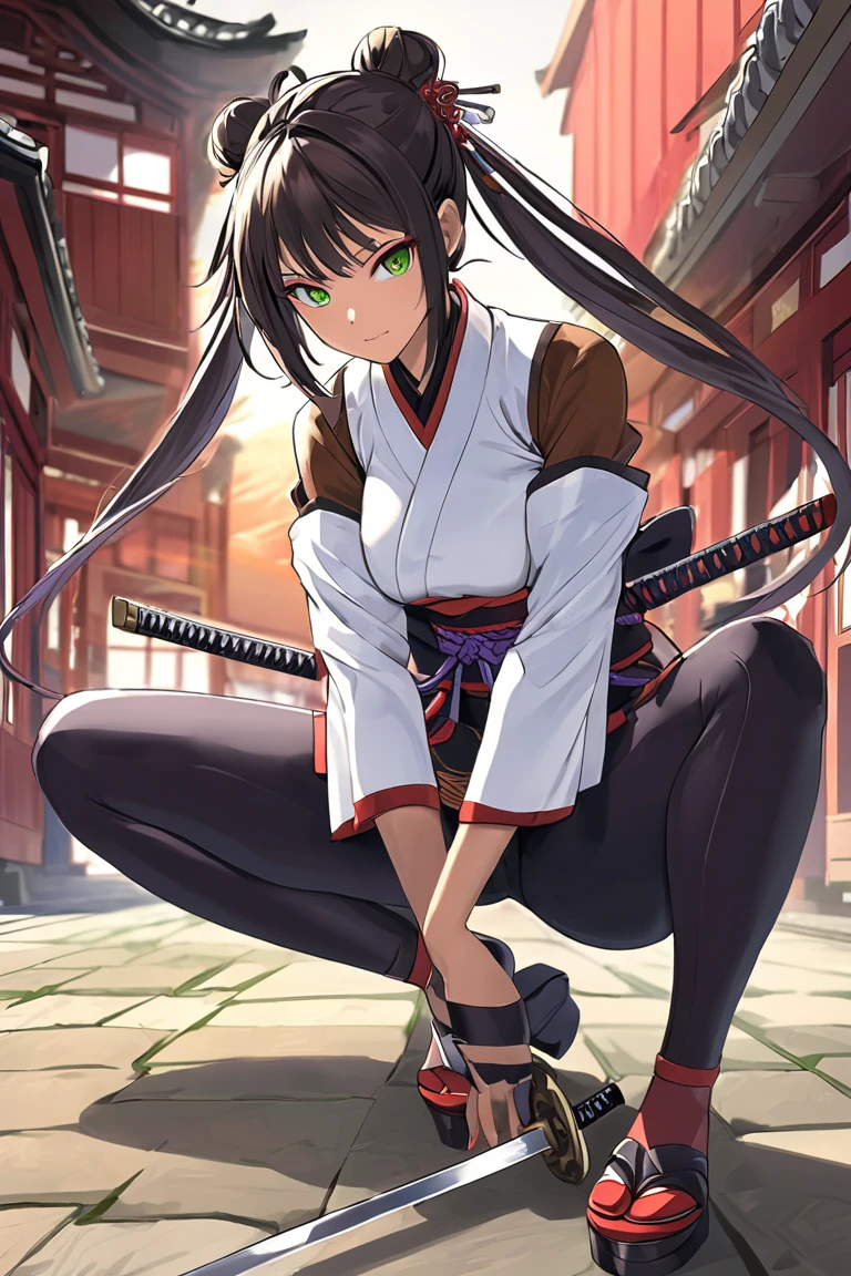 anime only ninja lady duel, katana, swordsman elegant, geisha, clothing, elegant Mihai leggings, ninja clothing brown skin color silver color, hair with green highlights and hair style breast size cup 30 dd Double Bun, color, coated, clothing, white, and green ninja high heels