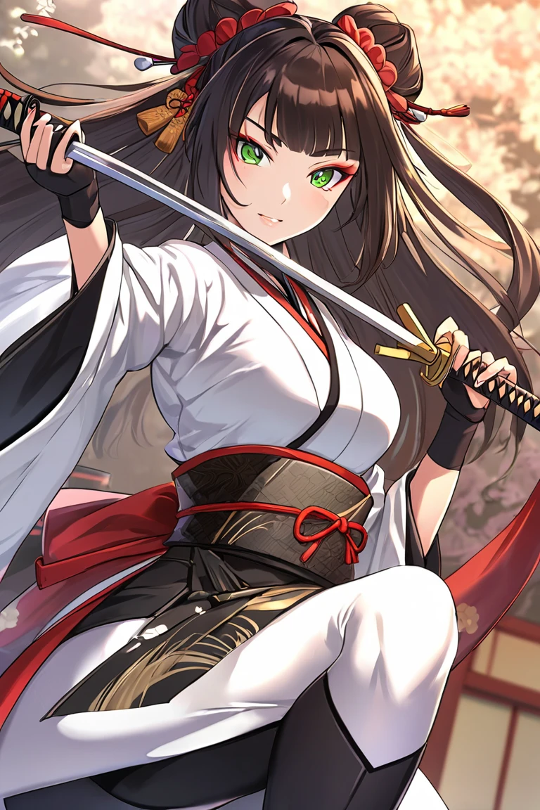 anime only ninja lady duel, katana, swordsman elegant, geisha, clothing, elegant Mihai leggings, ninja clothing brown skin color silver color, hair with green highlights and hair style breast size cup 30 dd Double Bun, color, coated, clothing, white, and green ninja high heels