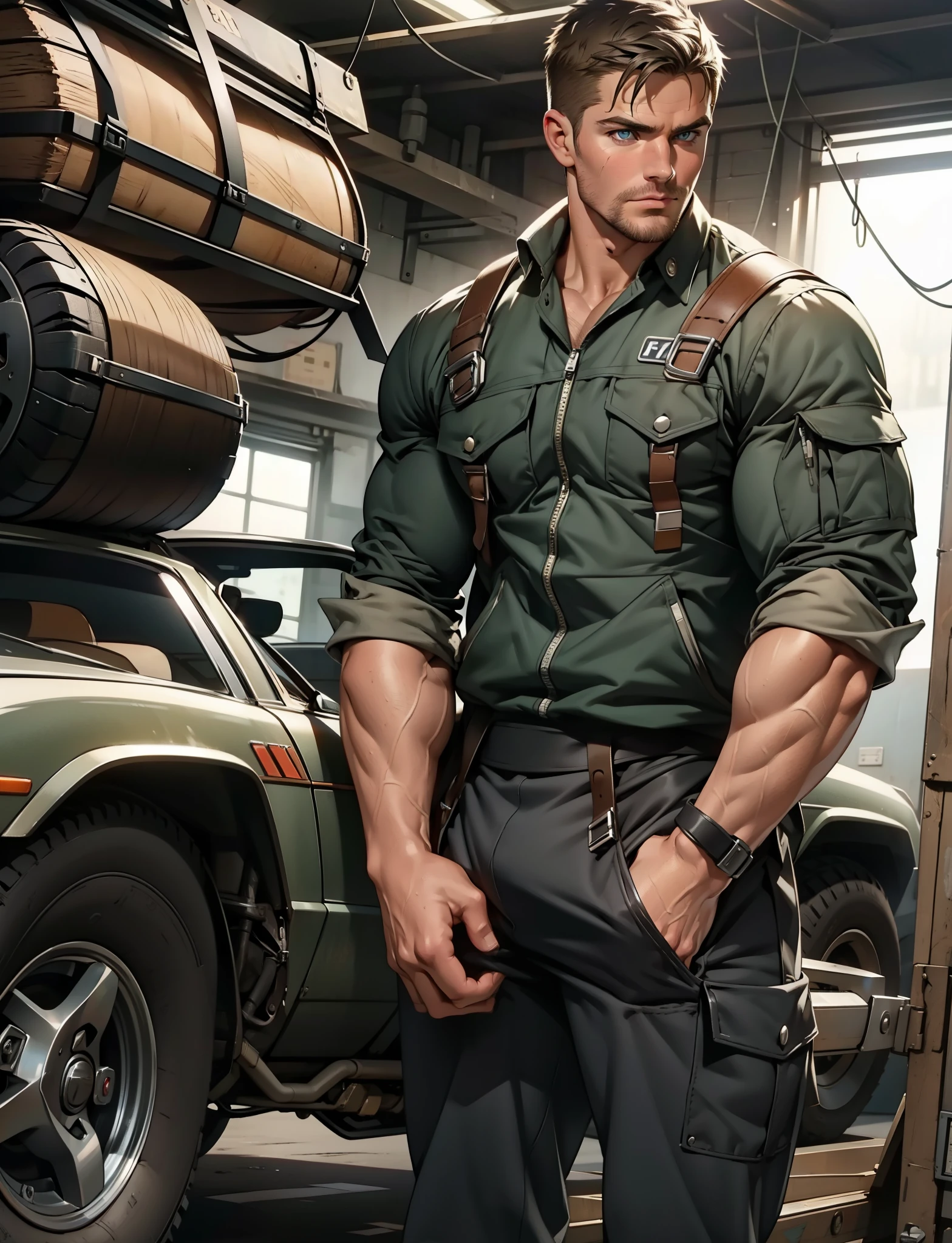 masterpiece, best quality face, natural eyes,mature man, muscled and mature, stephen amell as a mechanic man, sweating, full body