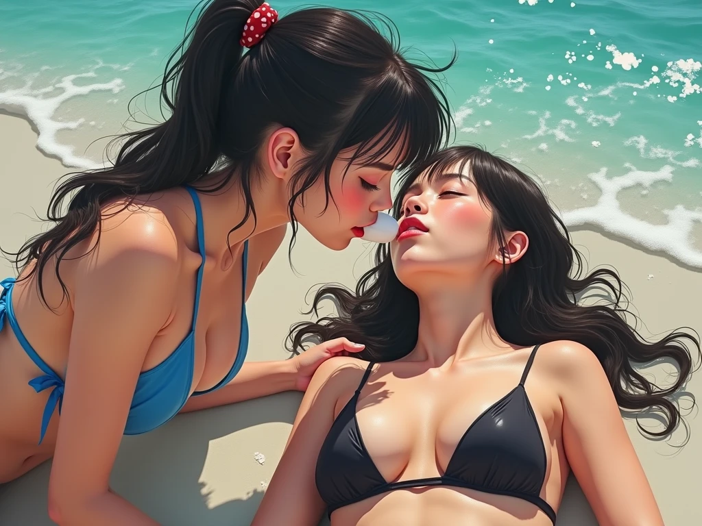 Two erotic beautiful Asian girls having sex on the beach as waves splash over them at sunset