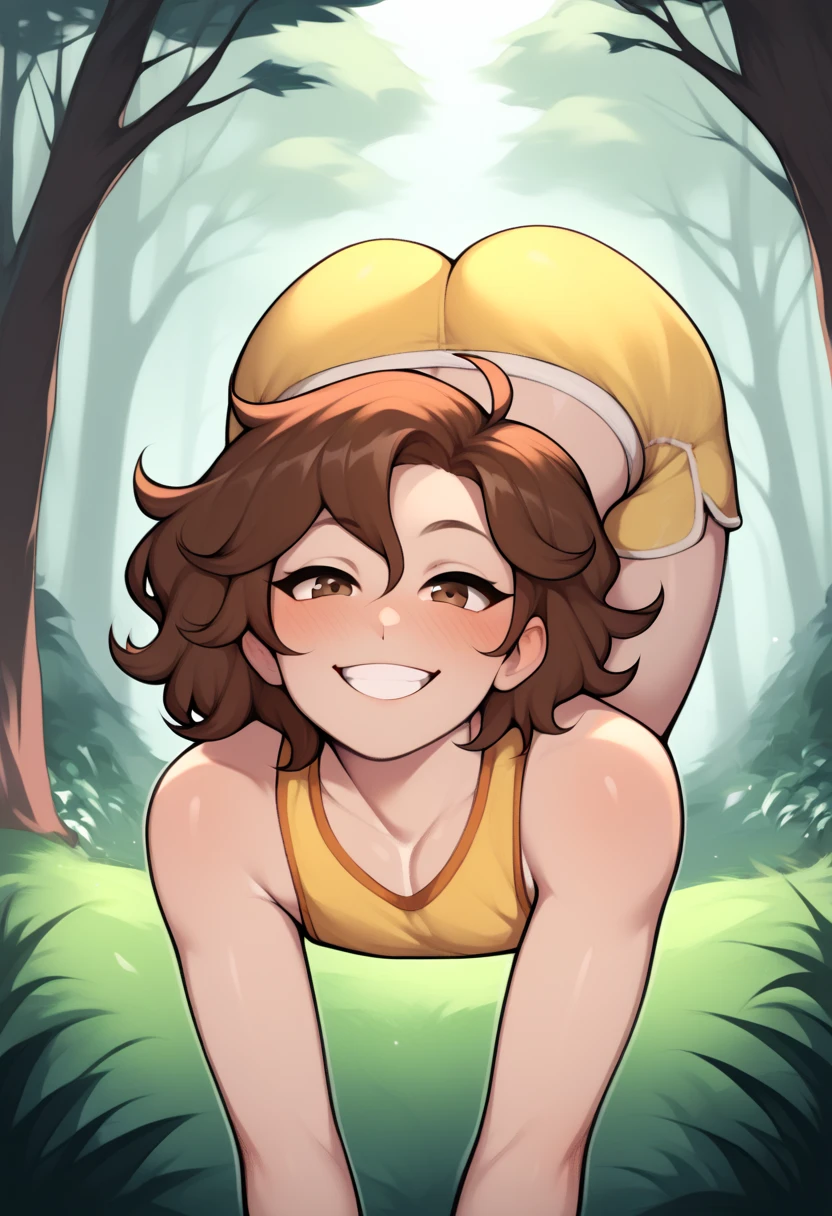 femboy, boy, skinny body, effeminate body, defined body, big ass, big thighs, fair skin, short hair, wavy hair, brown hair, brown eyes, short white cropped, yellow shorts, sexy eyes, silly smile, in a forest, front view
