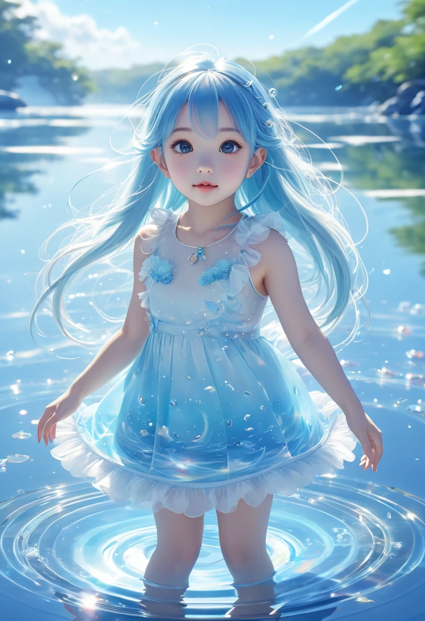   fantasy surrealism、Lake Surface Shines 、1. Cute_ girl、pupil_super special idol 、 round eyes、Round chin、Kind expression♪、face focus laminated mini dress _Ice Blue、(  dynamic_ dance_ motion)+++、   super long straight hair_Ice Blue、rim_Prism Reflects 、 スrim_body、morning、blue sky、 horizon  、angle、An illustration of a puppy drifts on the surface of the water_ small and cute 、 high definition 、  dreamy atmosphere 