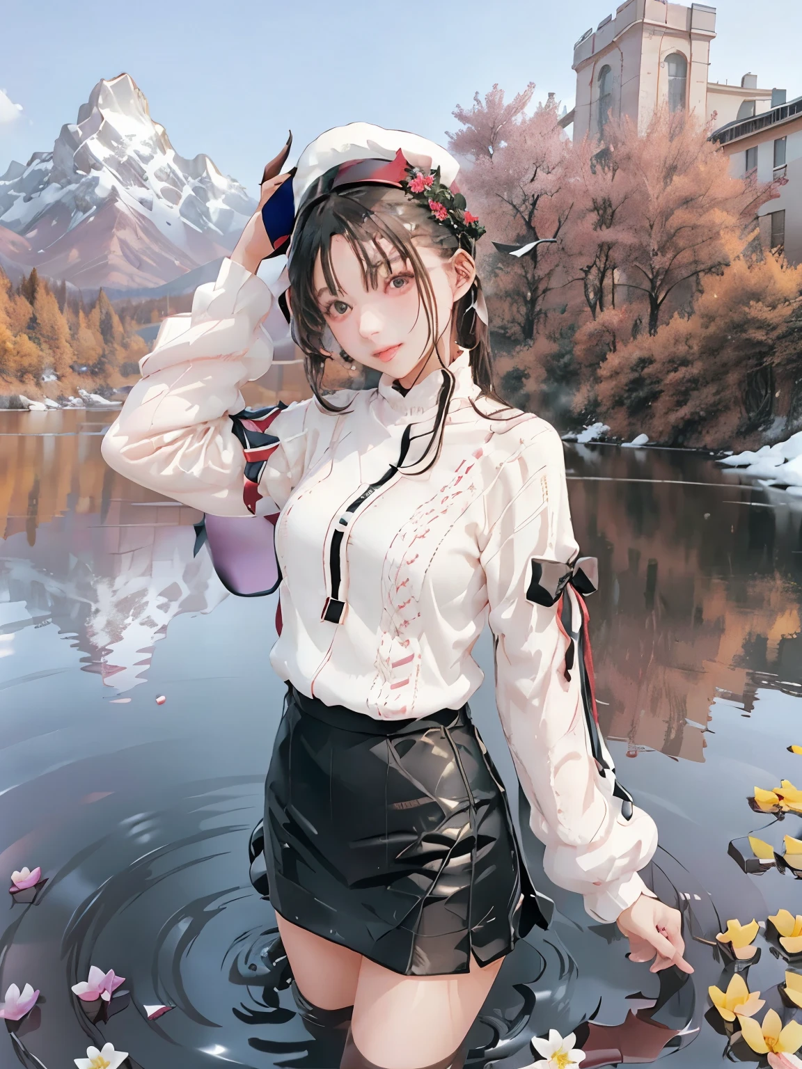 Quiet Lake、 Serene water reflecting the sky 、 Sceneryを囲む緑豊かな森、 Sparkling sunlight on the surface of the water 、 Snow-capped mountains visible in the distance 々、Birds Flying Overhead 、（ best quality、4K、8k、 high definition 、masterpiece：1.2）、超 Details、（ real、 photorealistic tempting auditionists、 photorealistic tempting auditionists：1.37）、 Scenery、nature、Environment Art、 dramatic lighting 、 bright color、 Exquisite Details 、（（masterpiece））、（ best quality）、（ Details）、（かわいいIllustration：1.5）、（ one girl）、（ Very Beautiful Woman with a Very Cute Smile）、（A very beautiful, symmetrical face）、（ Too Beautiful Adult Attractive Woman ）、（Eye-catching highlights）、（ surreal）、（Illustration）、（ high definition ）、（32K）、（非常に Details）、（最高のIllustration）、（ beautiful  Detailsな目）、（ Official Art）、{{masterpiece、 best quality、非常に DetailsなCG、 Unity 8k Wallpaper 、 cinematic lighting、（ beautiful 、Midea：1.2 （ Perfect Female Body ）、masterpiece、 best quality、 high definition 、Horned hat、髪にflower、 hair accessory with an open crotch、 white sweater 、Purple Jacket、flower、長sleeve、Open clothes、Black Horn、sleeve、 skirt、 cowboy shooting 、Outdoor、street、 standing、Camping at the edge of a view 