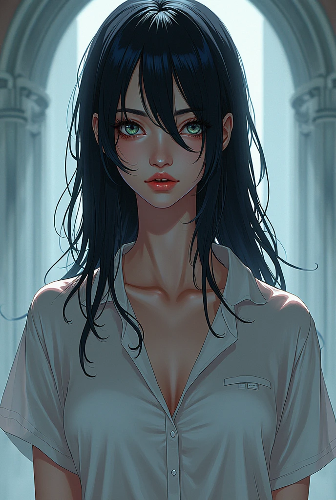1girl,a beautiful fashion model ,(masterpiece, detailed background, best quality),short and shiny hair, black hair,smirk, lingerie, stripping, elegant makeup, exhibitionism, symbiote suit, extravagant makeup, slender body, soaked, wet skin dripping, white clothes, see through clothes, abs, toned body, blush