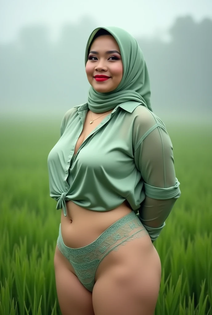 A 52 years old naked Indonesian woman in hijab, very dense pubic hair, dark skin, curvy body, short body, flat-chested, small breasts, villager, poor girl, wearing batik pattern blue hijab, wearing batik pattern blue long sleeve tight t-shirt, bottomless, wearing no pant, wearing no skirt, wearing no panties, smiling and standing in village, look to the viewer with eye close