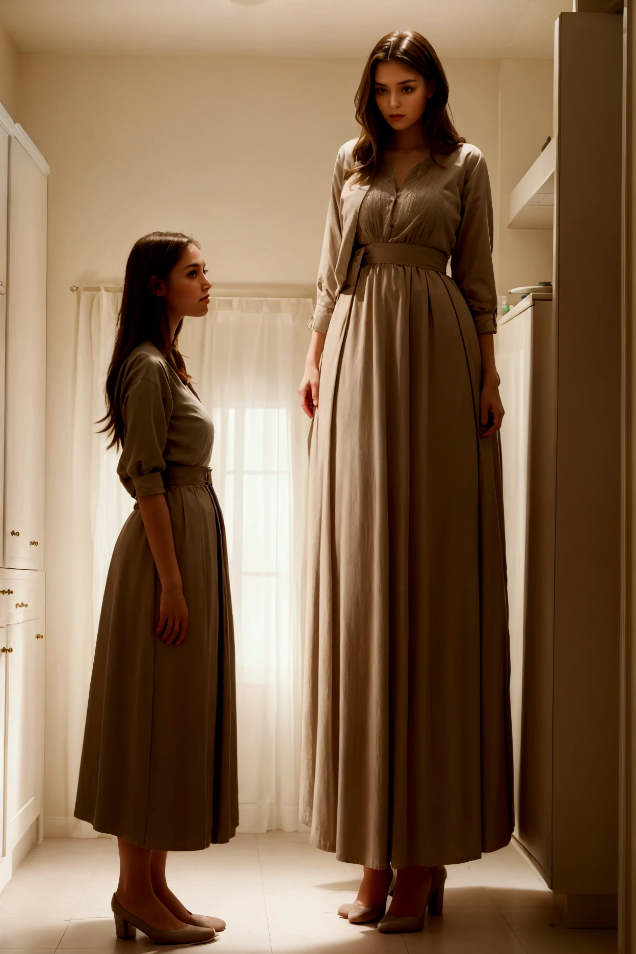 Create an image of a very extremely tall young lady measuring her height with her short young lady standing on a chair in the kitchen