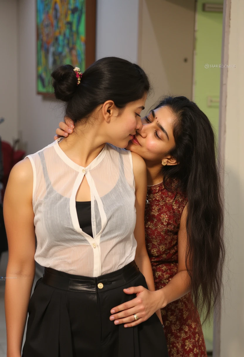 Indian women wearing tight skirts, kissing each other, glittering white full sleeves shirt, in the bedroom