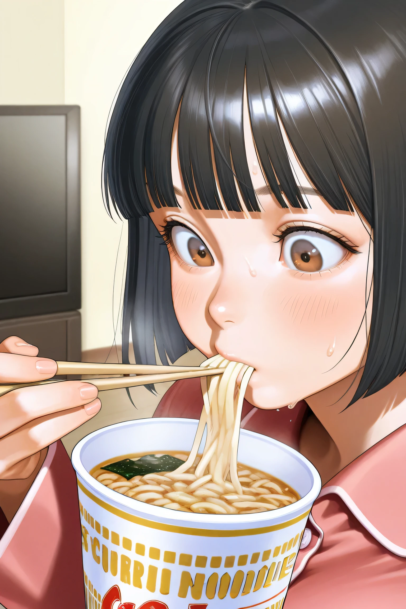 1girl, eating, nissin cup noodle, chopsticks, (sucking noodle, mouth hold), (close-up face:1.2), looking down,
BREAK girl, 22yo, short hair, (bob cut), ear, (blunt bangs), black hair, (tareme, detailed cute brown eyes), curled eyelashes, (large breasts:0.8),
beautiful detailed eyes, beautiful face,
pajamas, (sweat),
blush, serious, cross-eyed,
living room,
masterpiece, best quality, amazing quality, very aesthetic, absurdres, newest, (realistic:1.2), super detailed, extremely detailed, nsfw, explicit