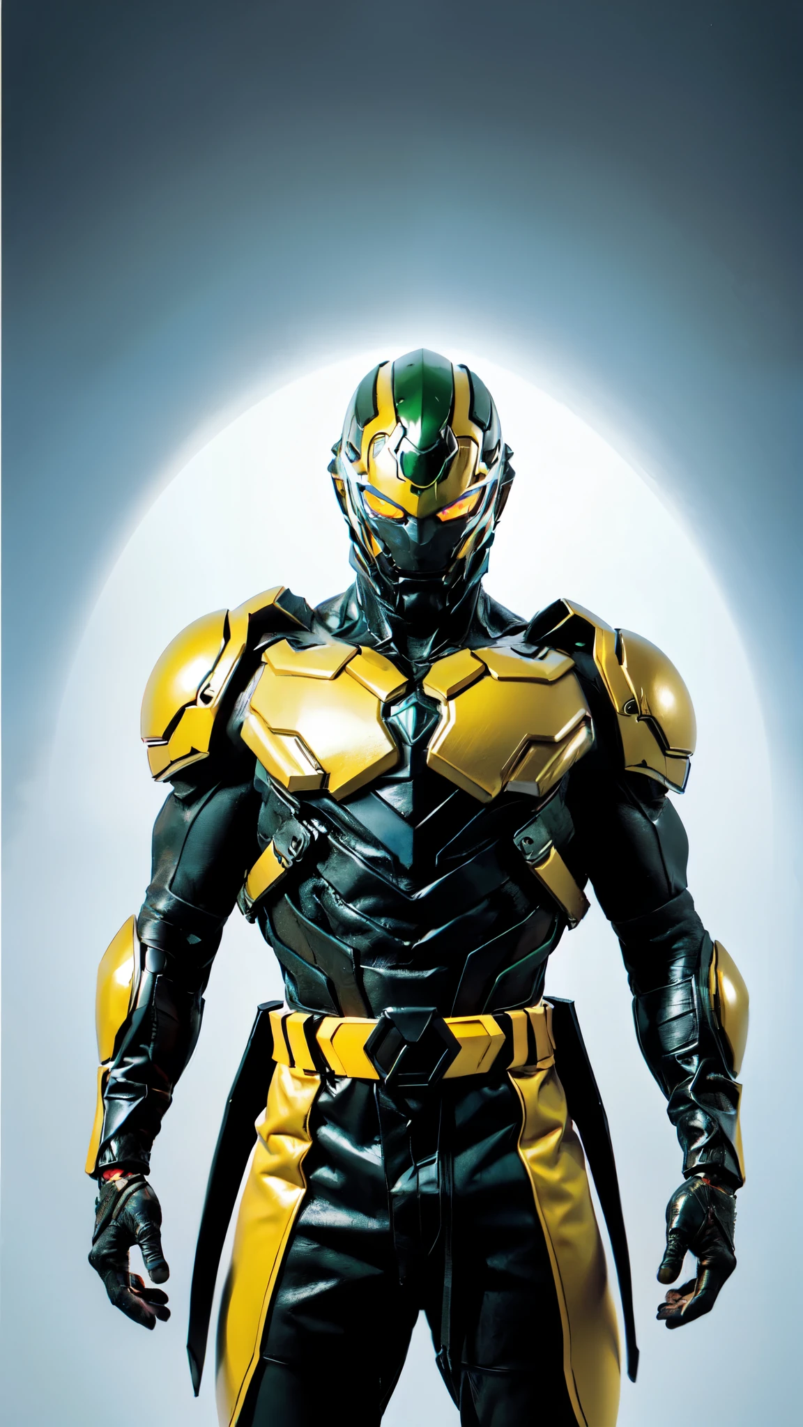 (masterpiece:1.5, best quality:1.5, extremely delicate:1.5), ((male:1.5)), a man wearing a full-face helmet, high-tech biomimetic armored combat suit, (a composite layered chest armor), the design balances heavy with agility, fully enclosed shoulder guards, matching arm and leg guards, a belt of gemstone, (the color scheme is primarily Red with Green and Yellow accents, Organic Biotech, Concept Inspired by Lamborghini, glowing eyes, armor glows), stand of a futuristic sci-fi city, this character embodies a finely crafted fantasy-style armored hero in anime style, exquisite and mature art style, metallic, high definition, highres, ultra-detailed, ultra-fine painting, professional, perfect body proportions, golden ratio, anatomically correct, symmetrical face, extremely detailed eyes and face, high quality eyes, creativity, RAW photo, UHD, 32k, Natural light, cinematic lighting, (masterpiece-anatomy-perfect:1.2)