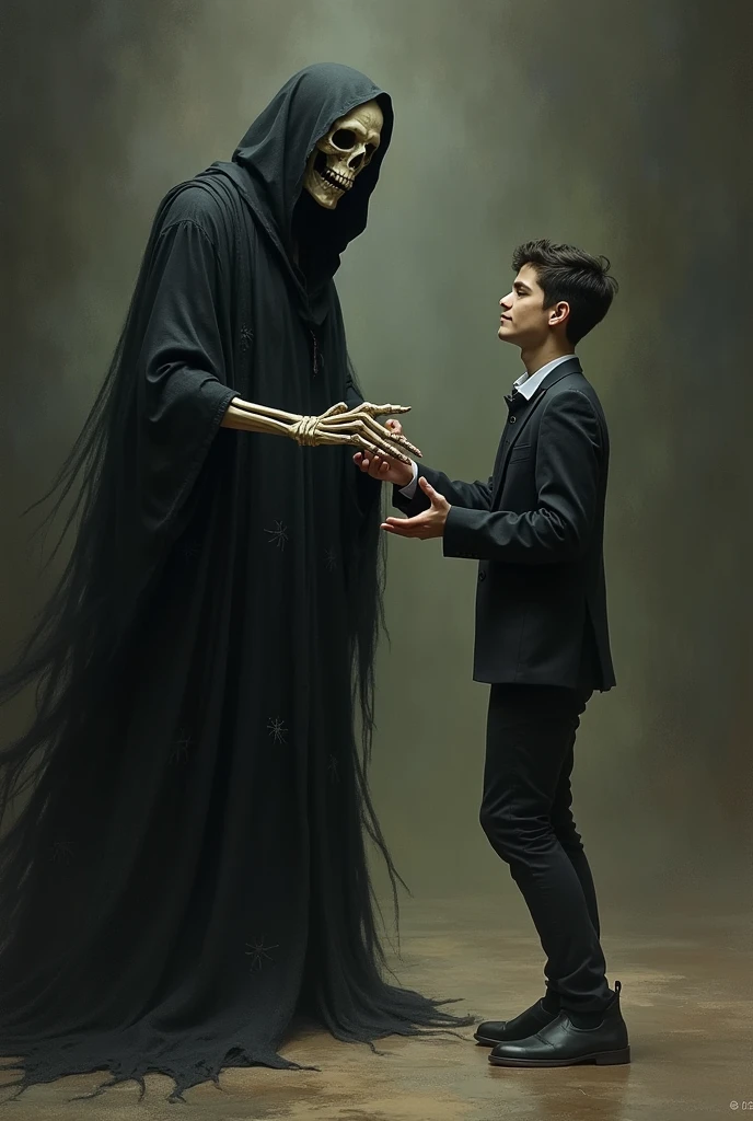 A grim reaper&#39;s finger touching a human&#39;s finger in 2D mode