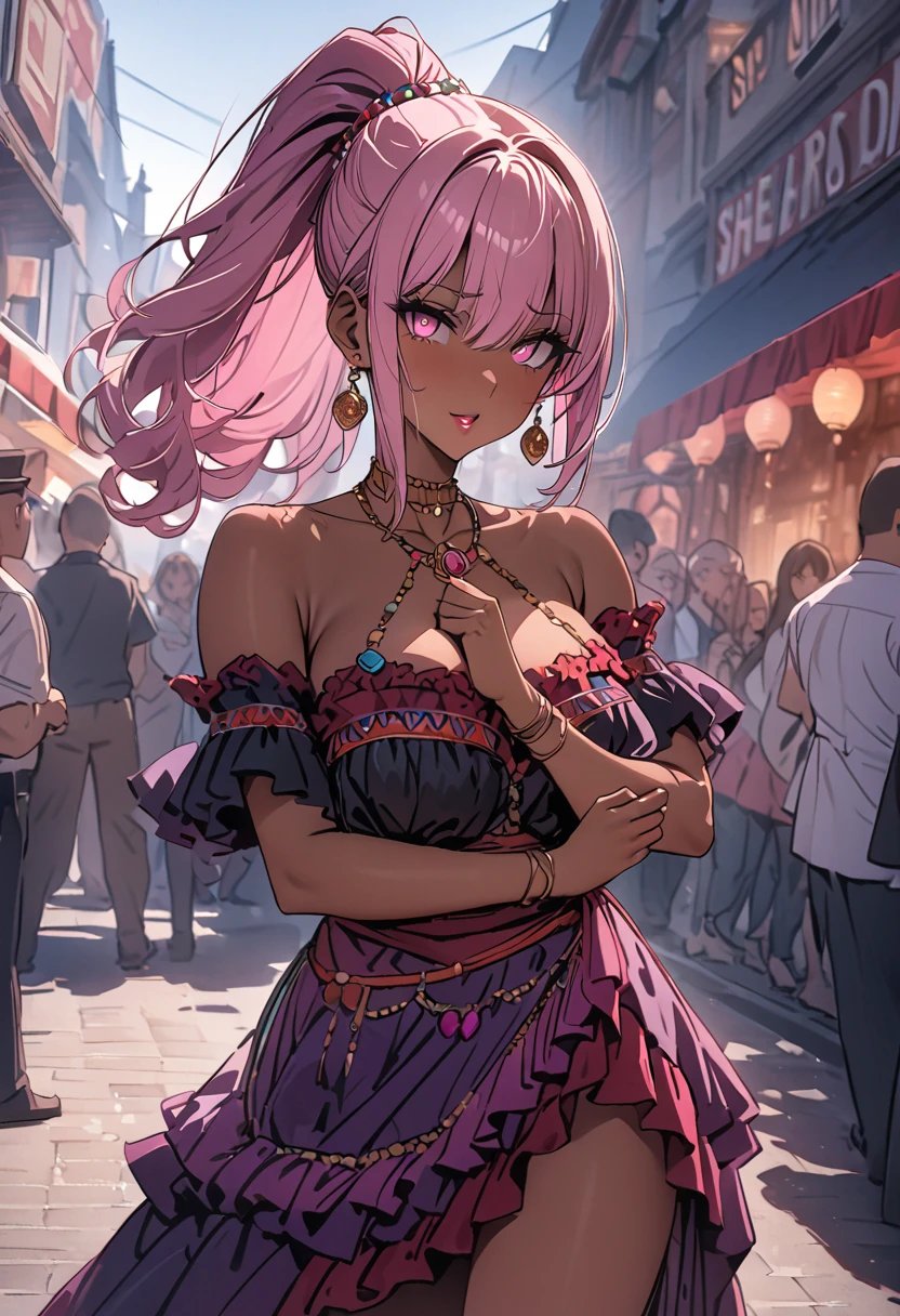 masterpiece, best quality, 8k, 1 woman ((25 years old)), pink hair, ponytail, pink eyes, dark skin, She is wearing a gypsy costume, jewelry, earrings, dancing, looking at the viewer, she is holding a fan in her hand, lipstick, seductive look, the background is the street during the day, at a festival