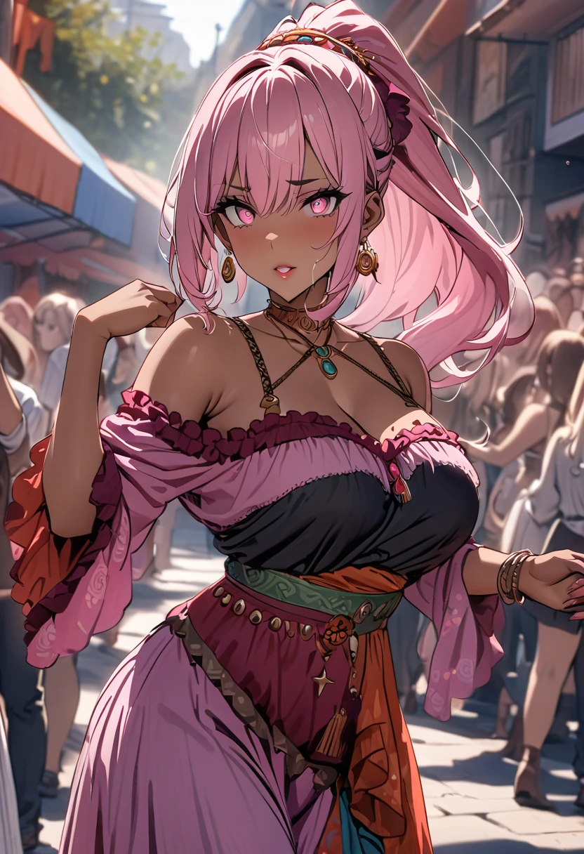 masterpiece, best quality, 8k, 1 woman ((25 years old)), pink hair, ponytail, pink eyes, dark skin, She is wearing a gypsy costume, jewelry, earrings, dancing, looking at the viewer, she is holding a fan in her hand, lipstick, seductive look, the background is the street during the day, at a festival