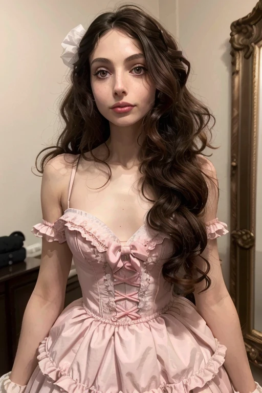 age 25, 8k (High definition), lumped shoulders, shy, lanky, tall, skinny arms, hunched back, long neck, heavy make up, rosey pink cheeks, long eyelashes, goth makeup, wearing a frilly hot pink lolita dress, sissy, high petticoat skirt, bow in her hair, bow in her hair, white stockings, high heels, dressed as a drag queen, Caucasian skin, long brown hair, hair stylized wavy fresh out of the salon, very long curly dark brown hair, small perky breasts,