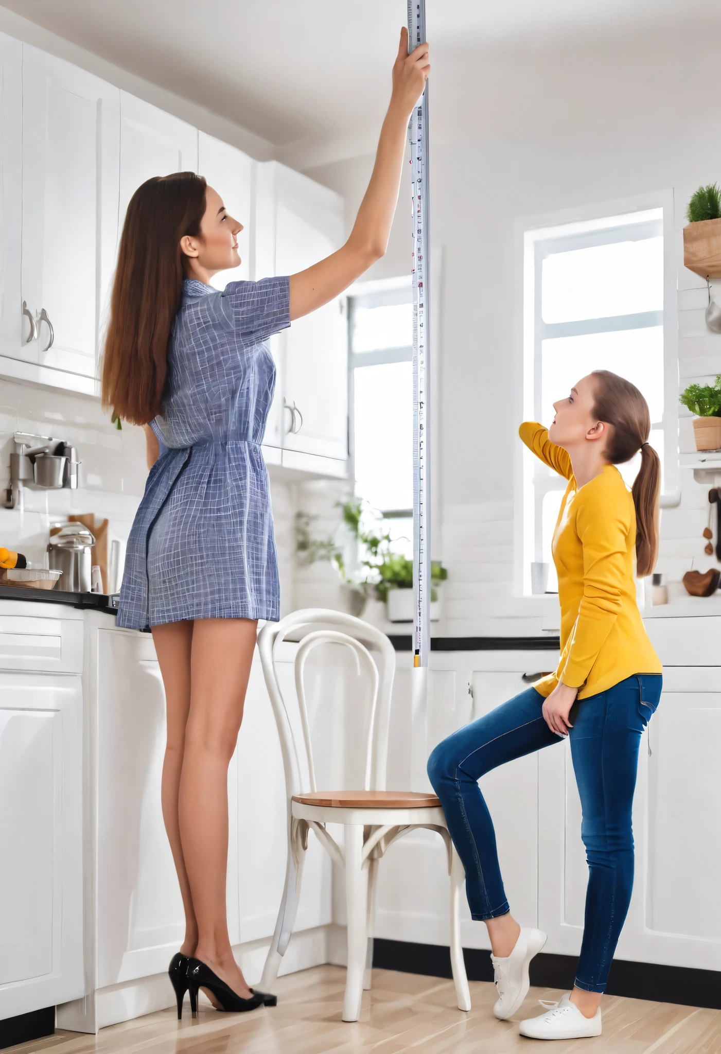 Create an image of a very extremely tall young lady measuring her height with her short lady standing on a chair in the kitchen