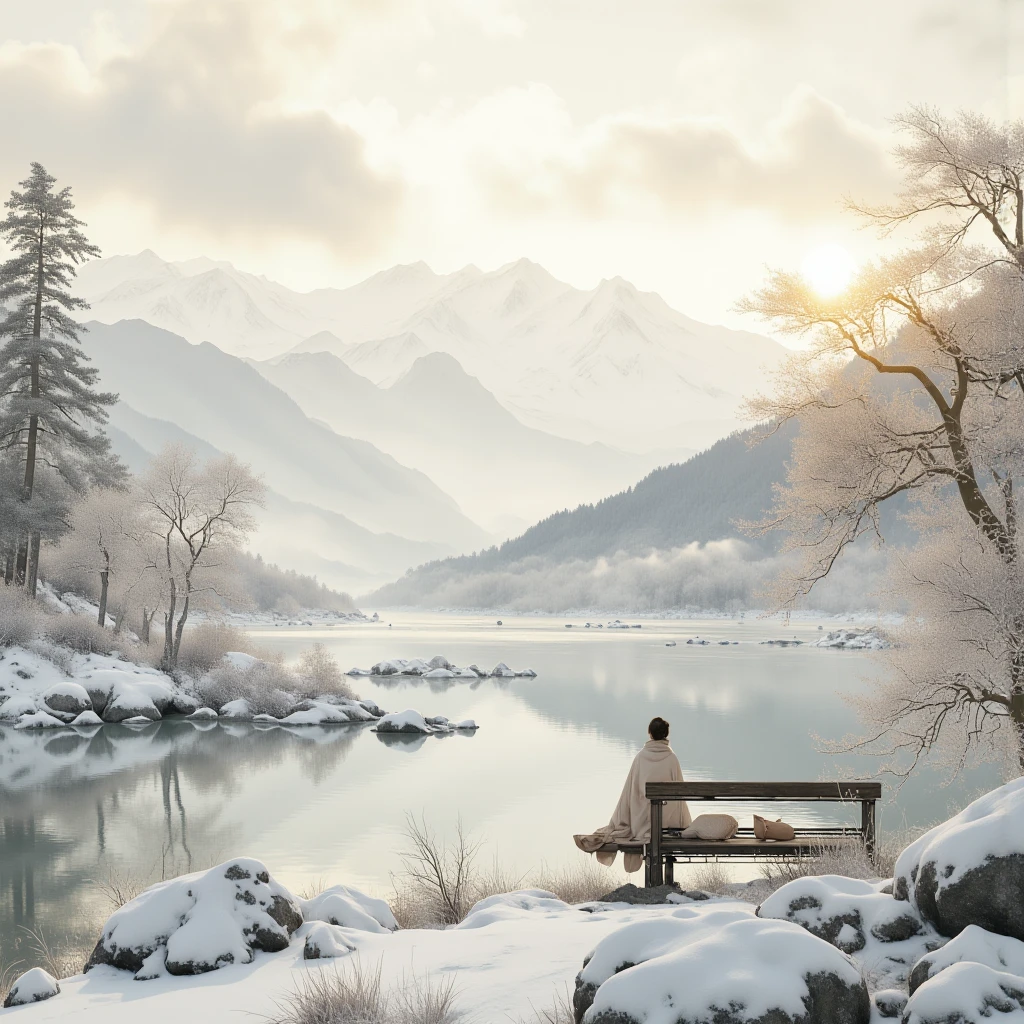 A serene and ethereal winter scene depicted in the style of a hyper-realistic Chinese ink wash (shuimo) painting. A young Japanese woman, dressed in a long, heavy winter coat and a scarf, sits gracefully on a rustic wooden bench near a tranquil, snow-covered lake. The lake is rendered with soft, fluid ink strokes, surrounded by snow-dusted rocky shores and frozen, crystal-clear waters. In the background, undulating mountain ranges are partially veiled in delicate mists, with their peaks blanketed in snow, crafted using expressive brushwork. The trees are adorned with frost and snow, their intricate forms created with precise gradients of ink. The diffused winter sunlight filters through the clouds, captured in soft washes and ink splatters, casting a gentle golden glow over the scene. The composition harmoniously blends traditional shuimo painting techniques with hyper-realistic details, evoking a timeless and dreamlike winter beauty.