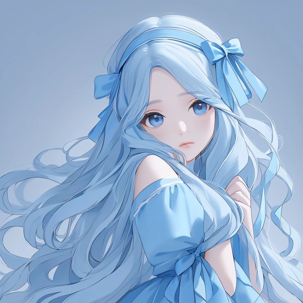 (masterpiece,  best quality:1.2),Beautiful girl，Wavy long hair，Long light hair， with a large ribbon on the head ,  blue dress ，Clean Background, (( light blue hair)),